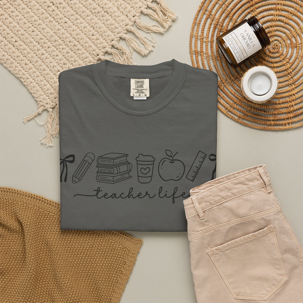 Teacher Life Tee — Minimalist Apple, Books & Coffee Graphic T-Shirt