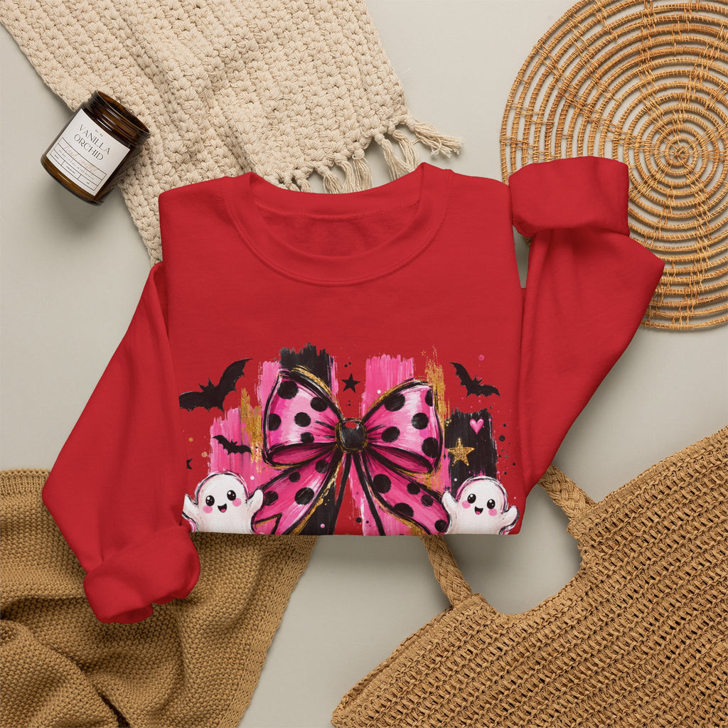 Halloween Pink Pumpkins Crewneck Sweatshirt — Cute Ghosts & Polka Dot Bow Design