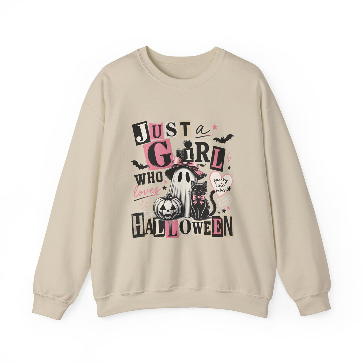 Halloween Sweatshirt — "Just a Girl Who Loves Halloween" Cute Ghost & Pumpkin Crewneck
