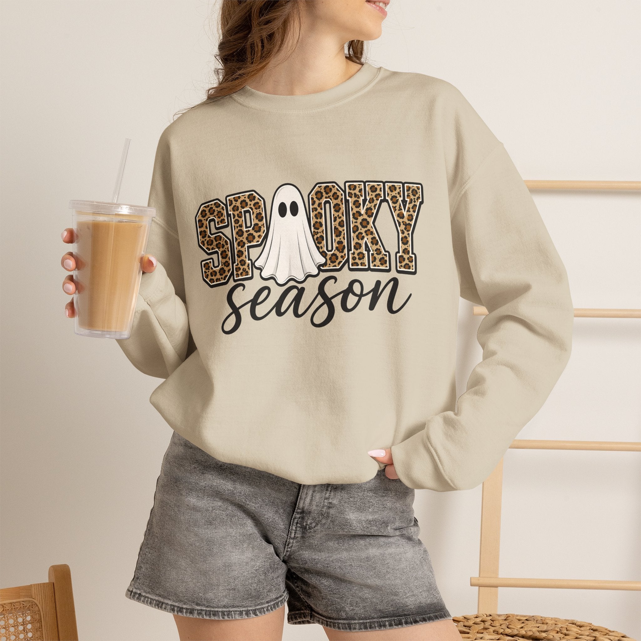 Spooky Season Sweatshirt - Leopard Print Ghost Halloween Crewneck