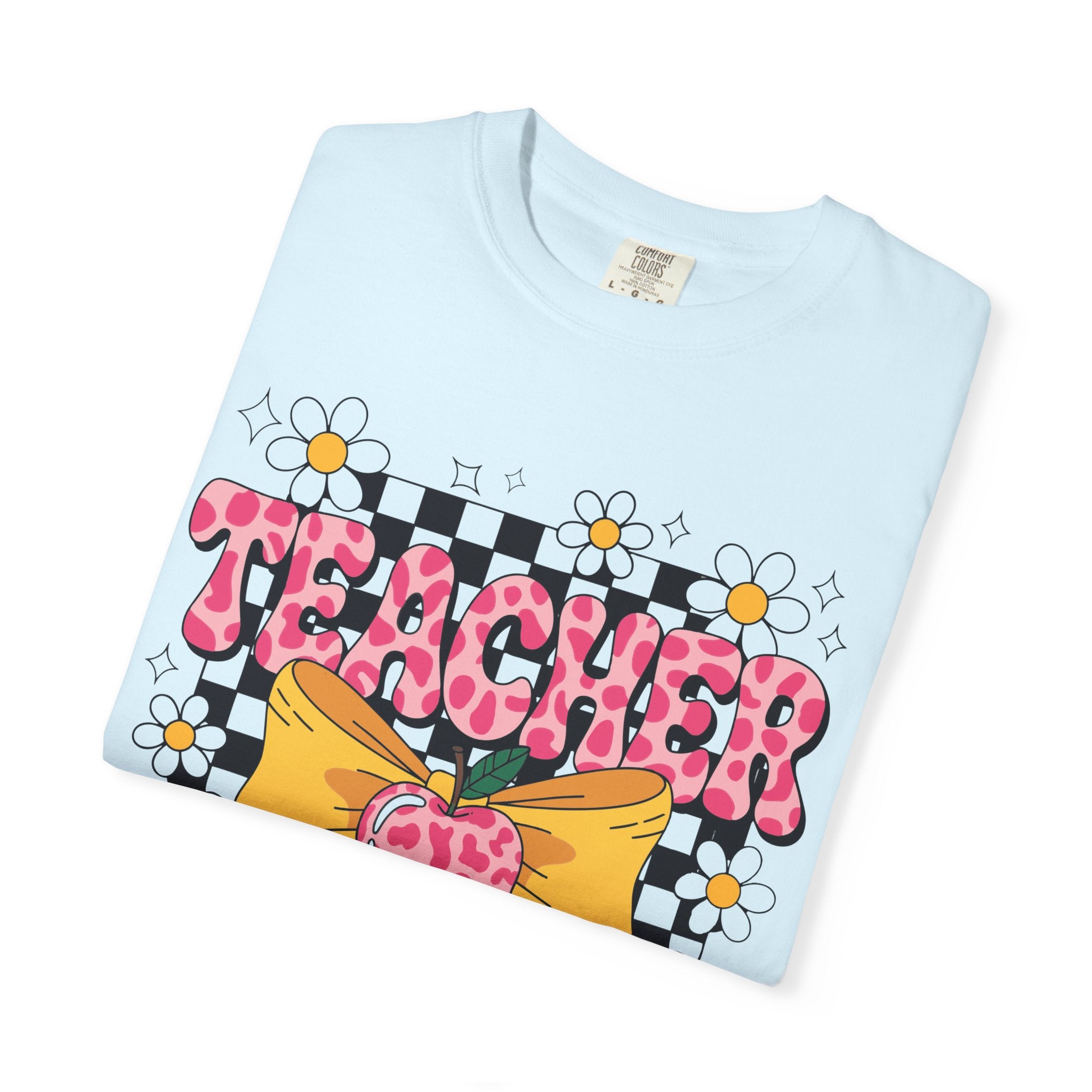 Teacher Floral Bow T‑Shirt — Cute Checkerboard & Heart Design for Educators