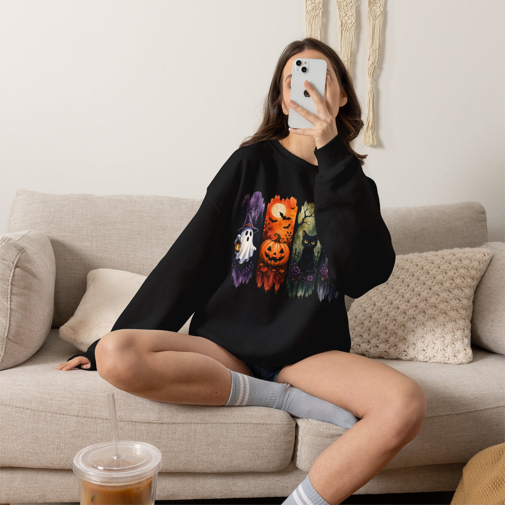 Halloween Seasons Crewneck Sweatshirt — Spooky Ghost, Jack-o'-Lantern & Haunted Night Design