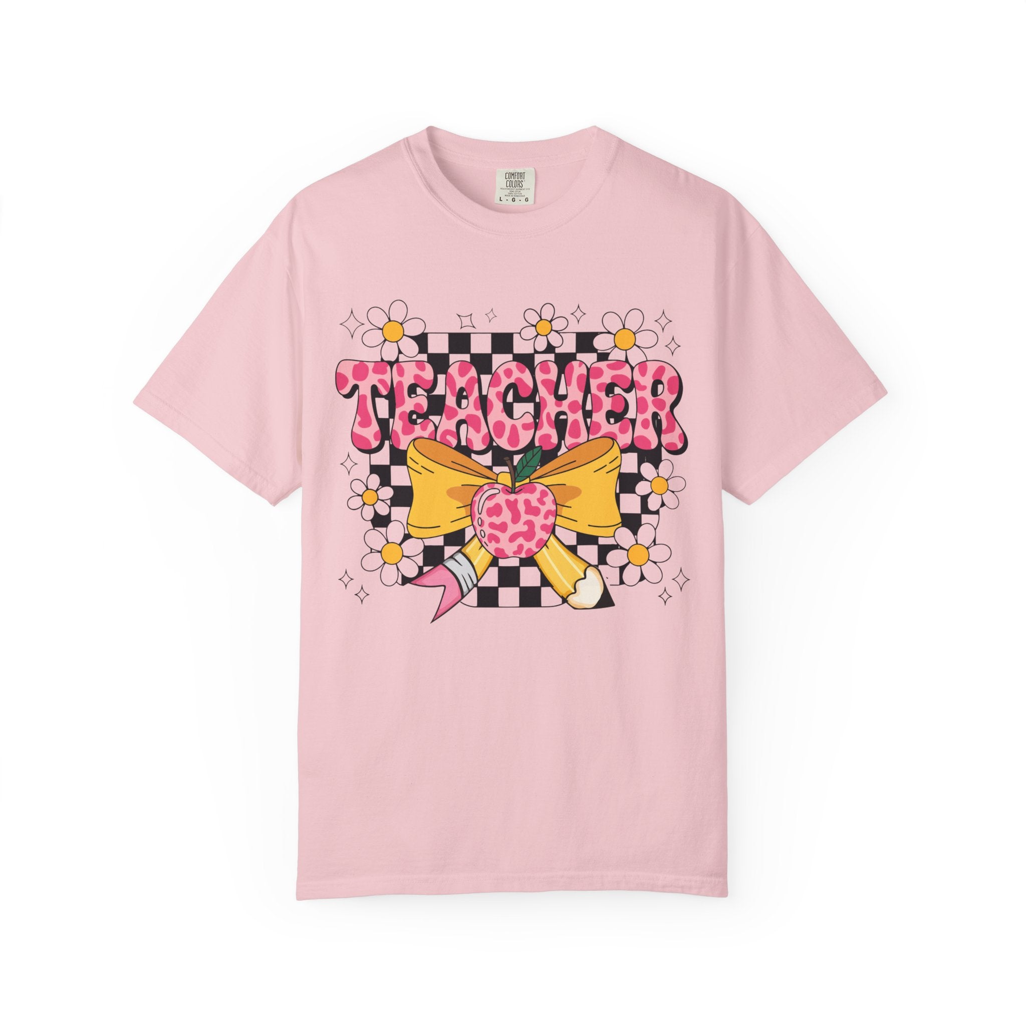 Teacher Floral Bow T‑Shirt — Cute Checkerboard & Heart Design for Educators