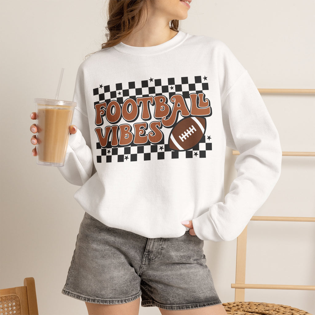 Football Vibes Crewneck Sweatshirt — Retro Checkerboard Football Graphic
