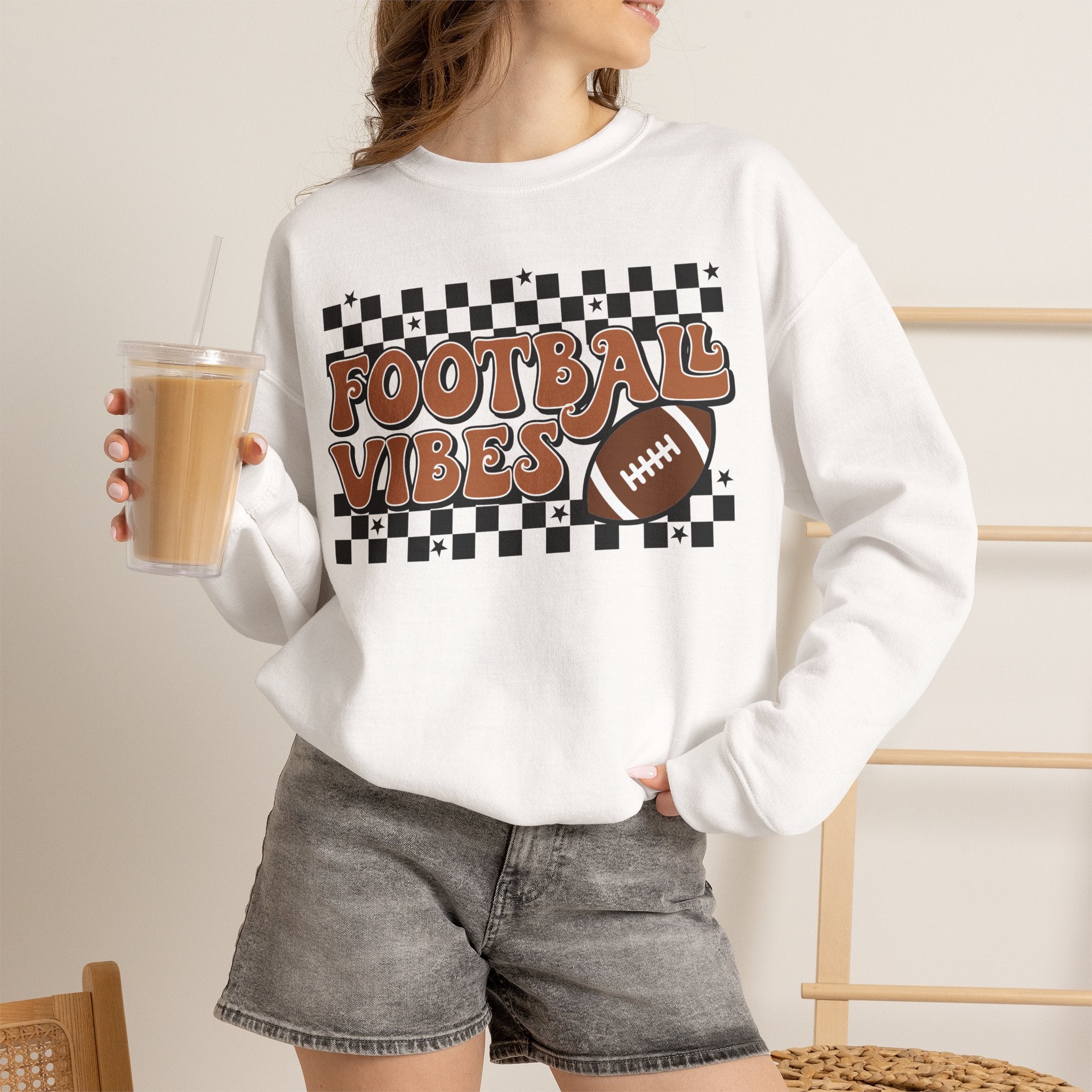 Football Vibes Crewneck Sweatshirt — Retro Checkerboard Football Graphic