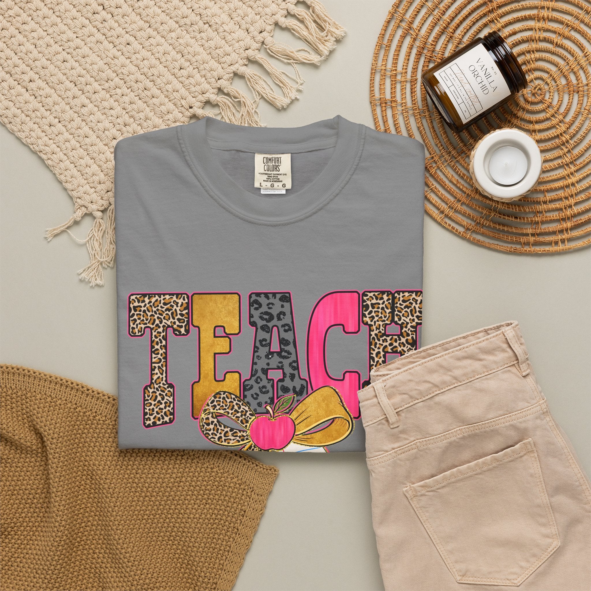 Teacher Graphic Tee — 'TEACH' Leopard Print Pencil Bow Design