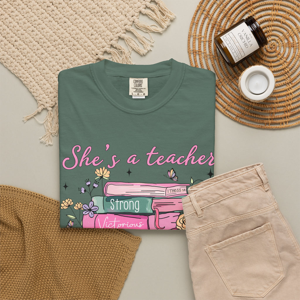 Teacher Appreciation T-Shirt — "She's a Teacher" Floral Stack Design