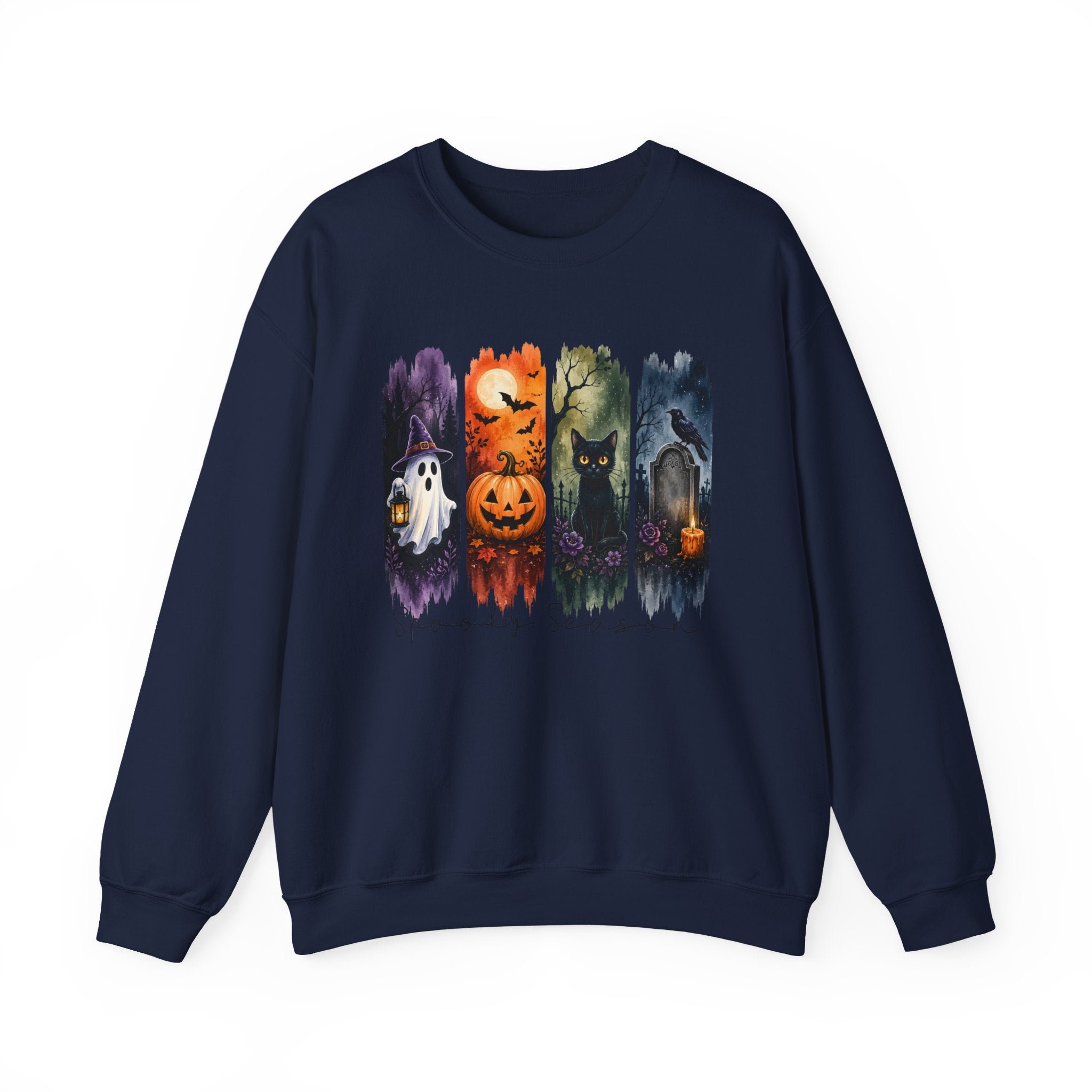 Halloween Seasons Crewneck Sweatshirt — Spooky Ghost, Jack-o'-Lantern & Haunted Night Design
