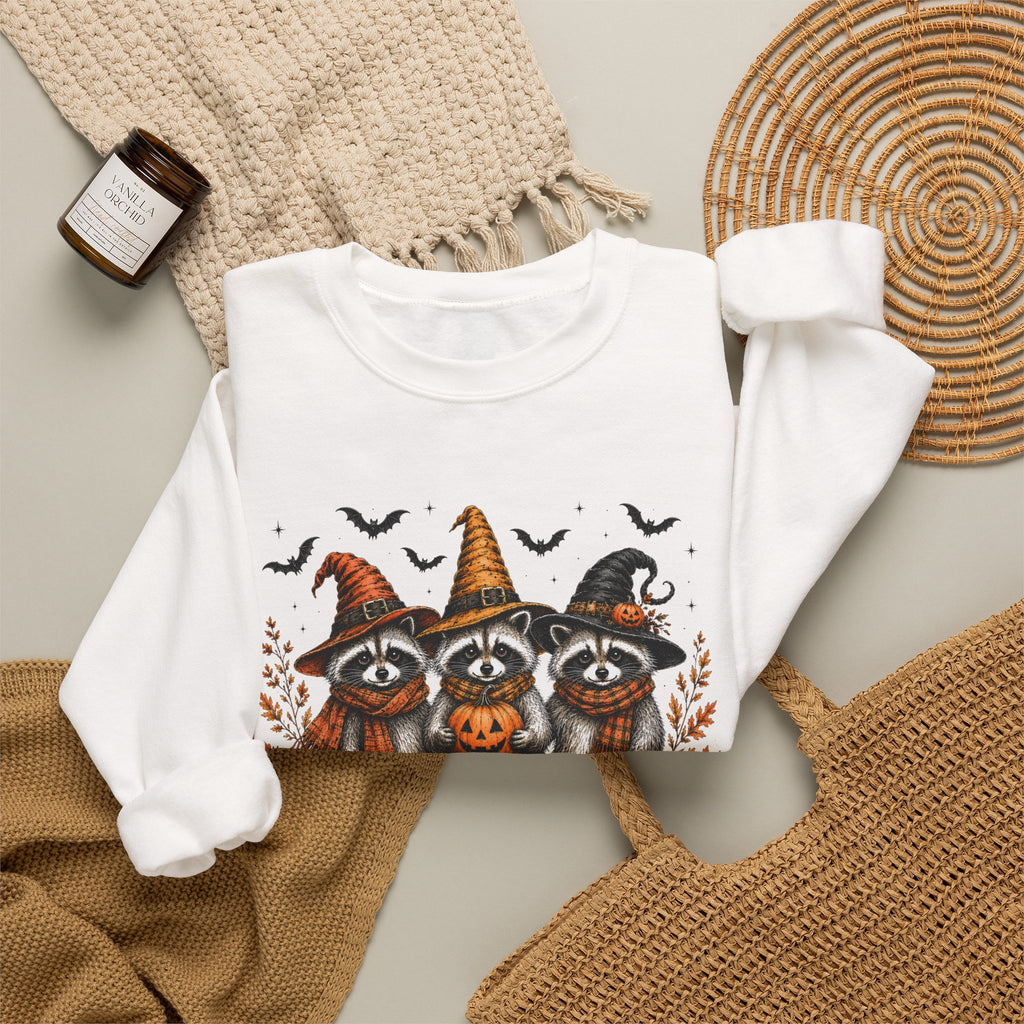 Halloween Raccoon Crewneck Sweatshirt — Cute Witch Hats & Pumpkin Design