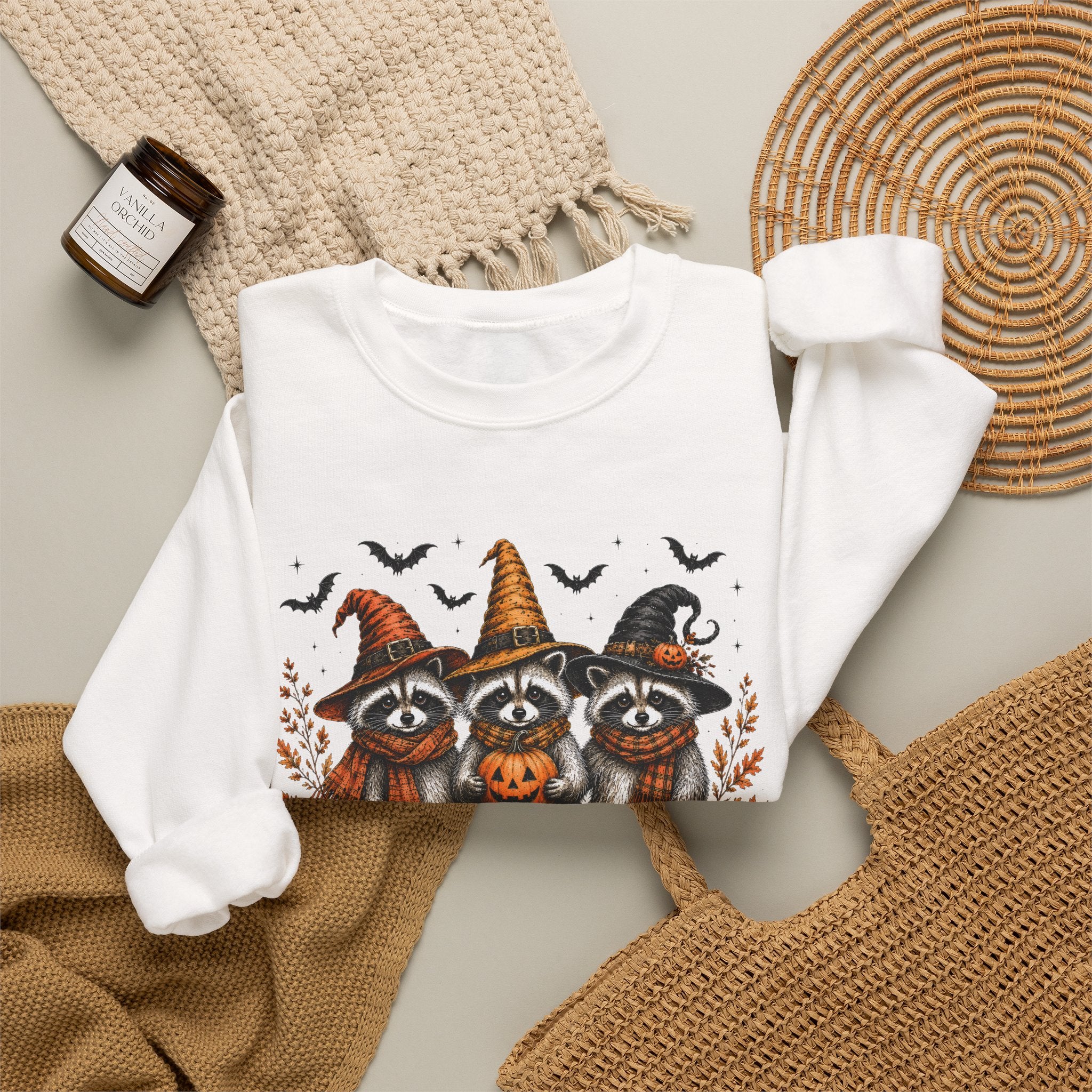 Halloween Raccoon Crewneck Sweatshirt — Cute Witch Hats & Pumpkin Design