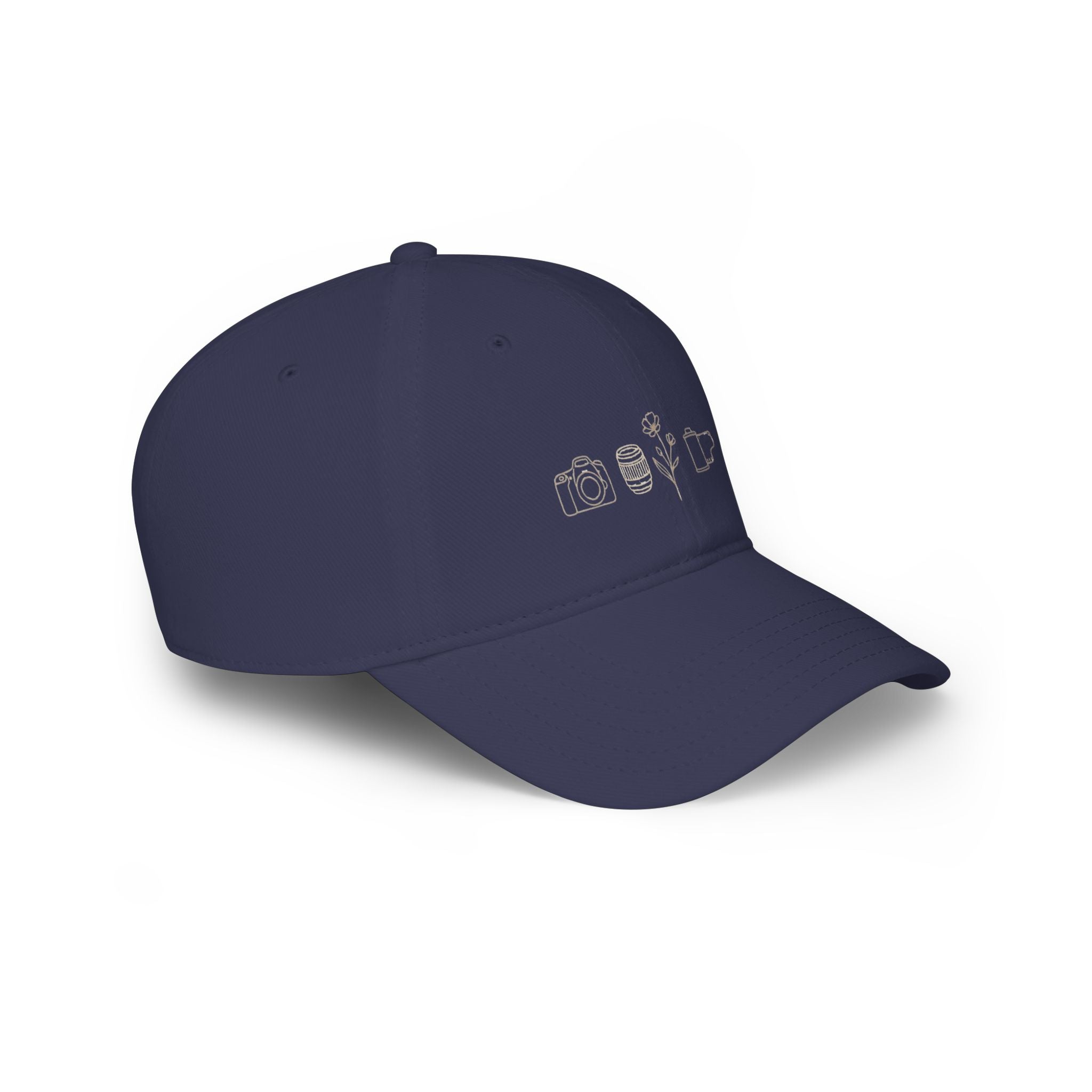 Photographer Icons Low Profile Baseball Cap — Camera, Lens, Tripod Design