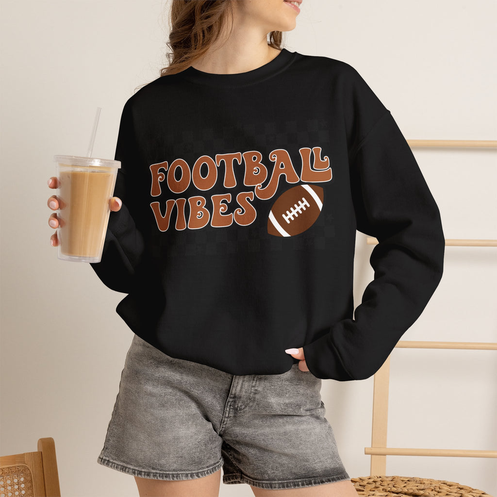 Football Vibes Crewneck Sweatshirt — Retro Checkerboard Football Graphic
