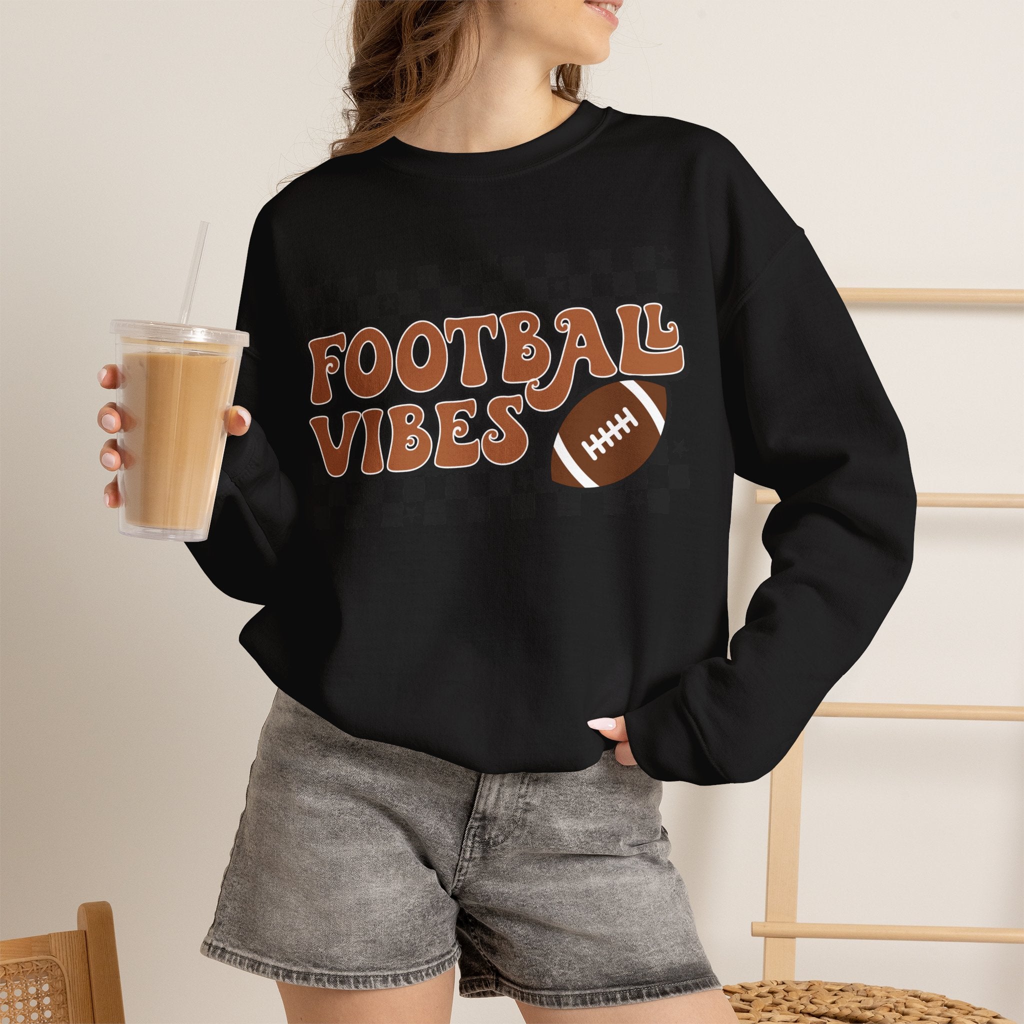 Football Vibes Crewneck Sweatshirt — Retro Checkerboard Football Graphic
