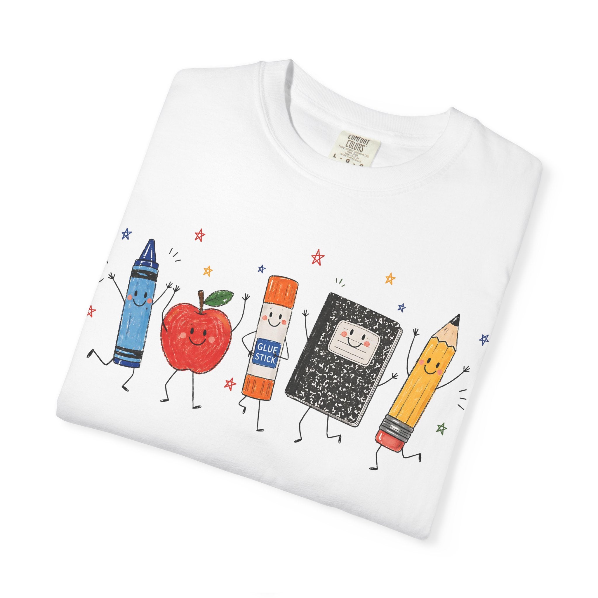 Cute School Supplies Teacher T-Shirt — Happy Apple, Crayon & Pencil Graphic Tee