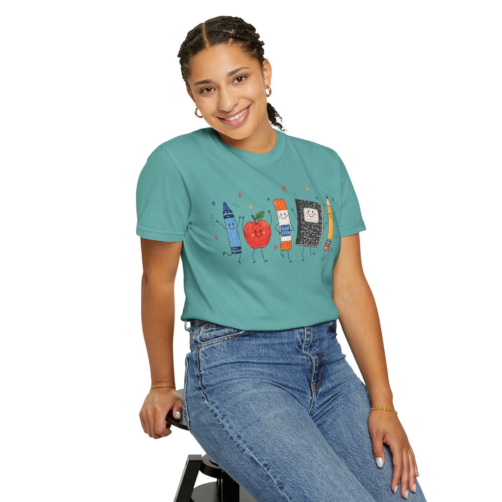Cute School Supplies Teacher T-Shirt — Happy Apple, Crayon & Pencil Graphic Tee