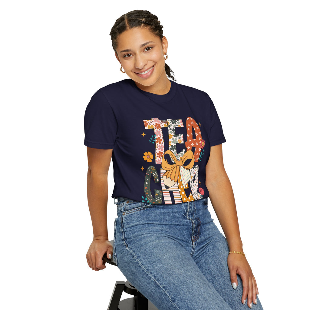 Teacher Graphic T-Shirt — Floral "Teacher" Design with Ribbon