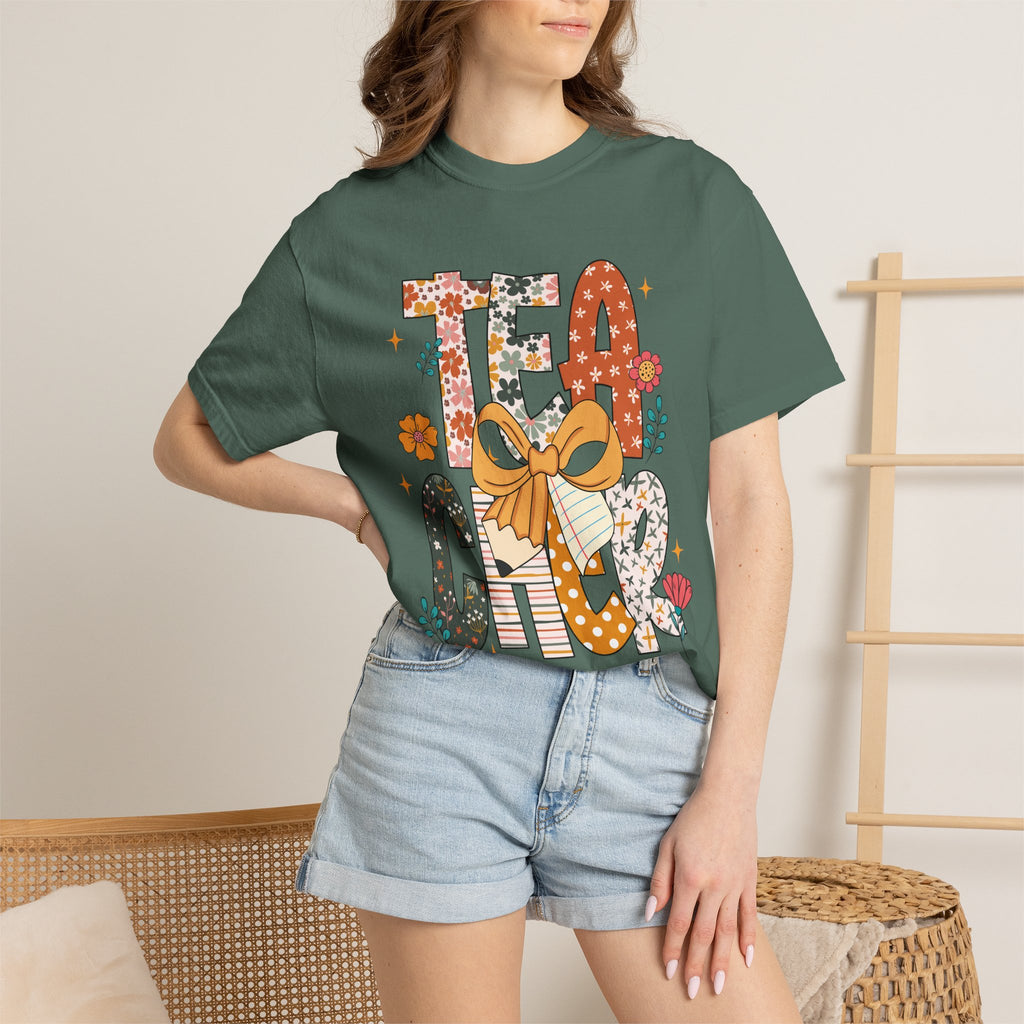 Teacher Graphic T-Shirt — Floral "Teacher" Design with Ribbon
