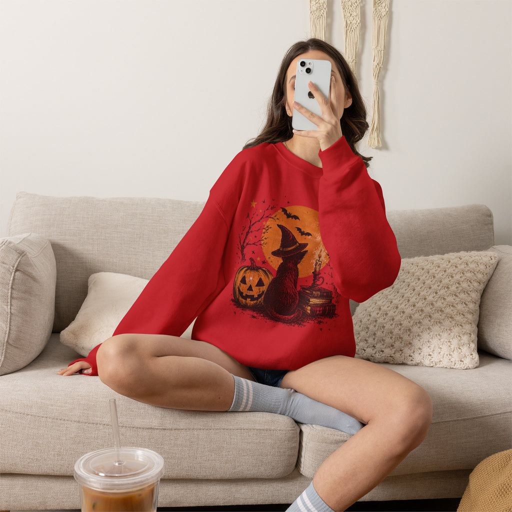 Crewneck Sweatshirt — Halloween Cat Witch Moon Graphic