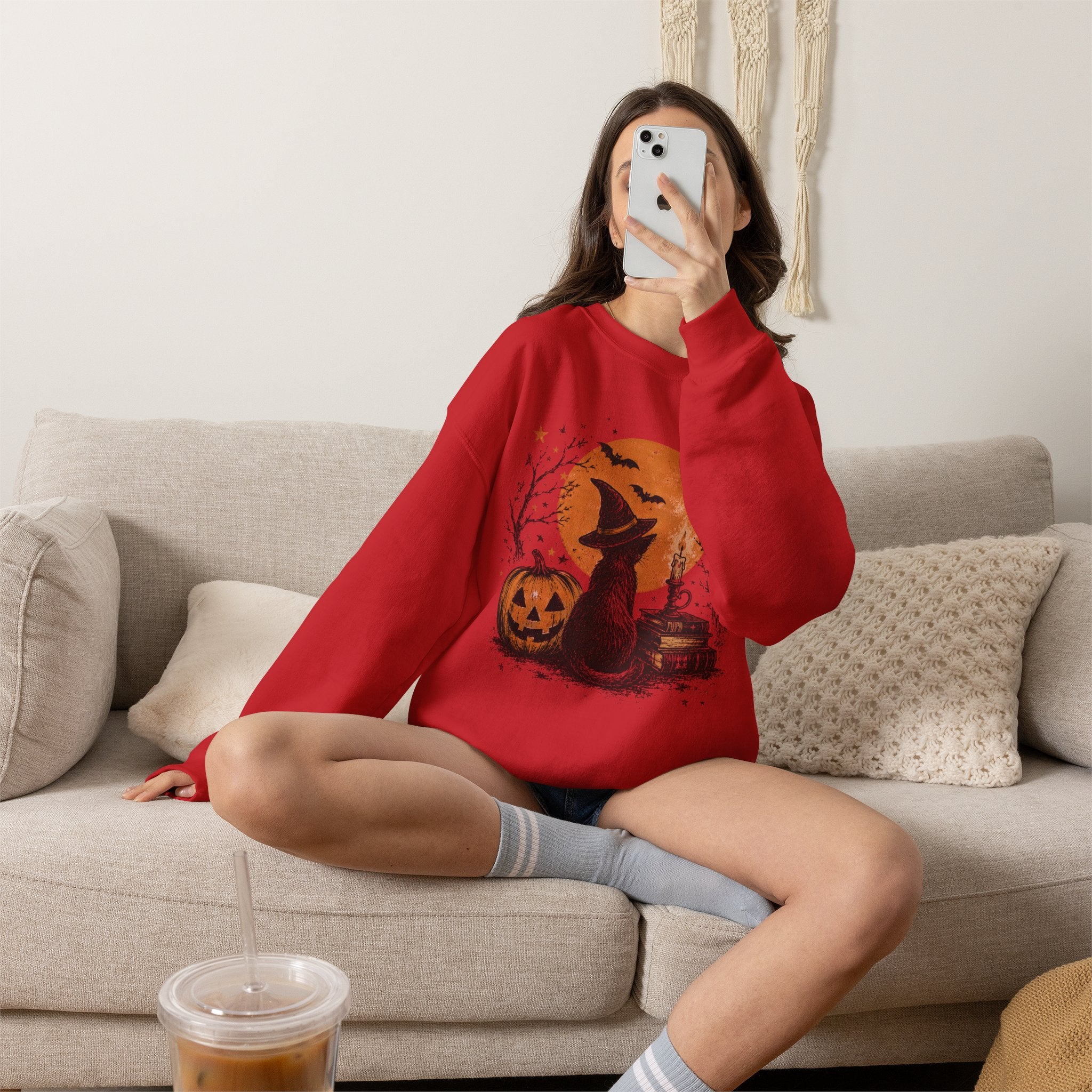 Crewneck Sweatshirt — Halloween Cat Witch Moon Graphic
