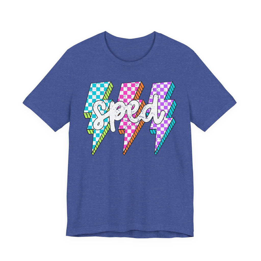 Speed Lightning Tee — Retro Checkerboard Bolt Graphic T-Shirt