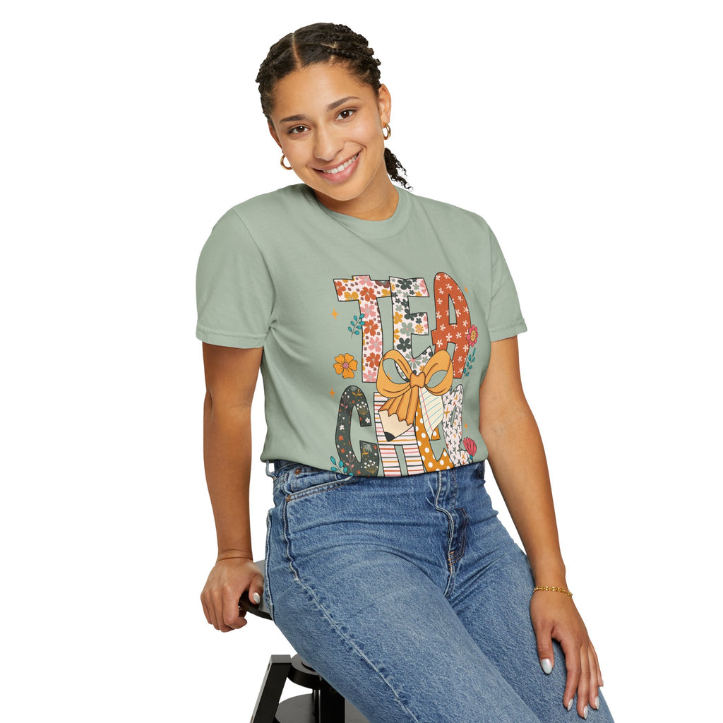 Teacher Graphic T-Shirt — Floral "Teacher" Design with Ribbon