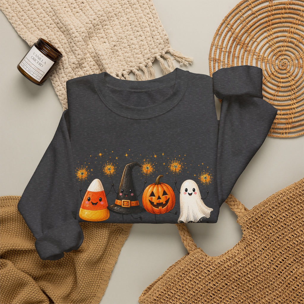 Halloween Friends Crewneck Sweatshirt — Cute Candy Corn, Witch Hat, Jack-o'-Lantern & Ghost Design