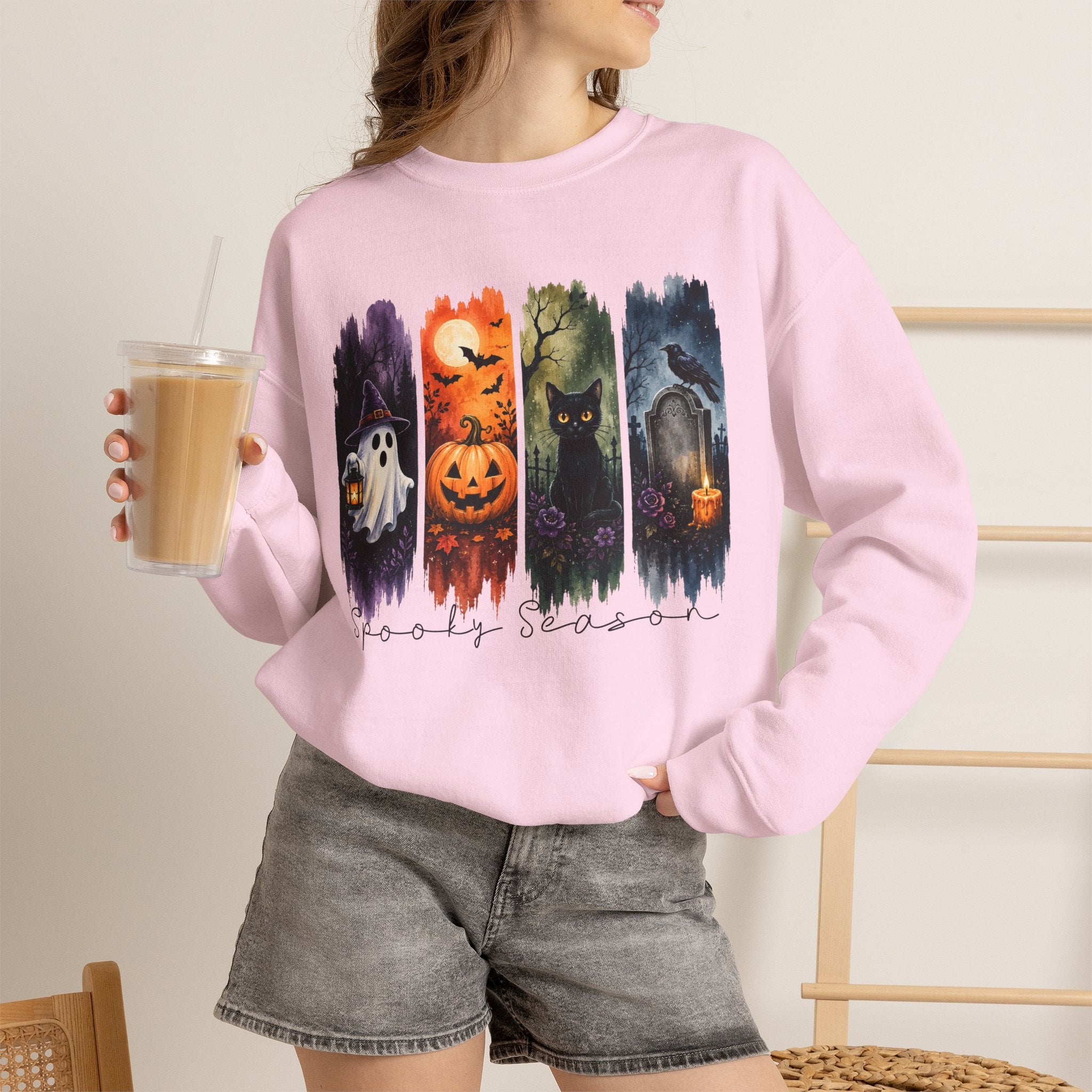 Halloween Seasons Crewneck Sweatshirt — Spooky Ghost, Jack-o'-Lantern & Haunted Night Design
