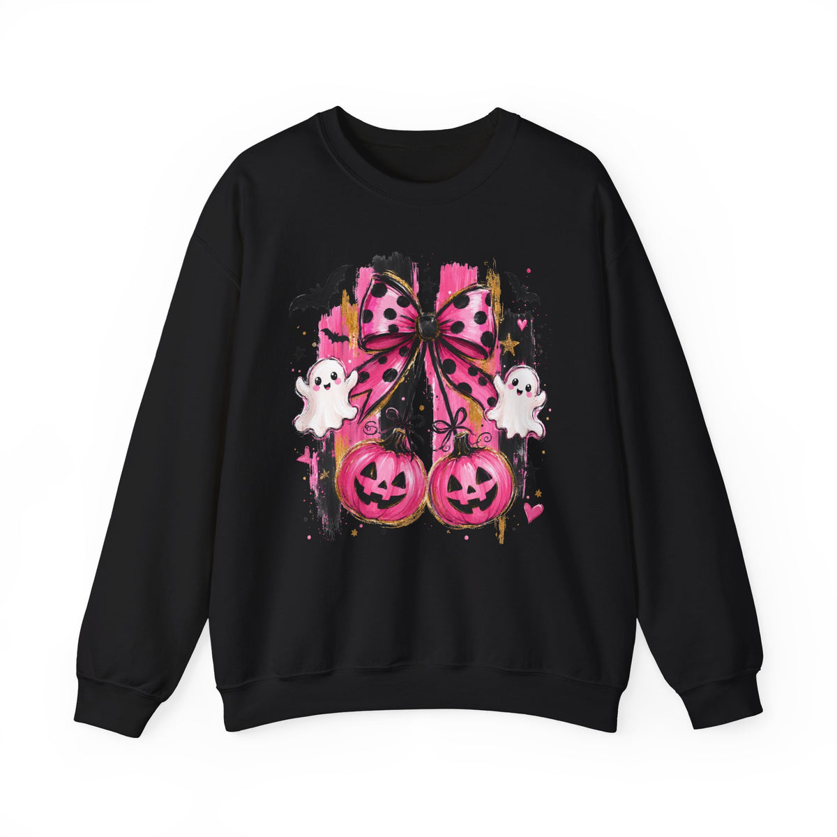 Halloween Pink Pumpkins Crewneck Sweatshirt — Cute Ghosts & Polka Dot Bow Design