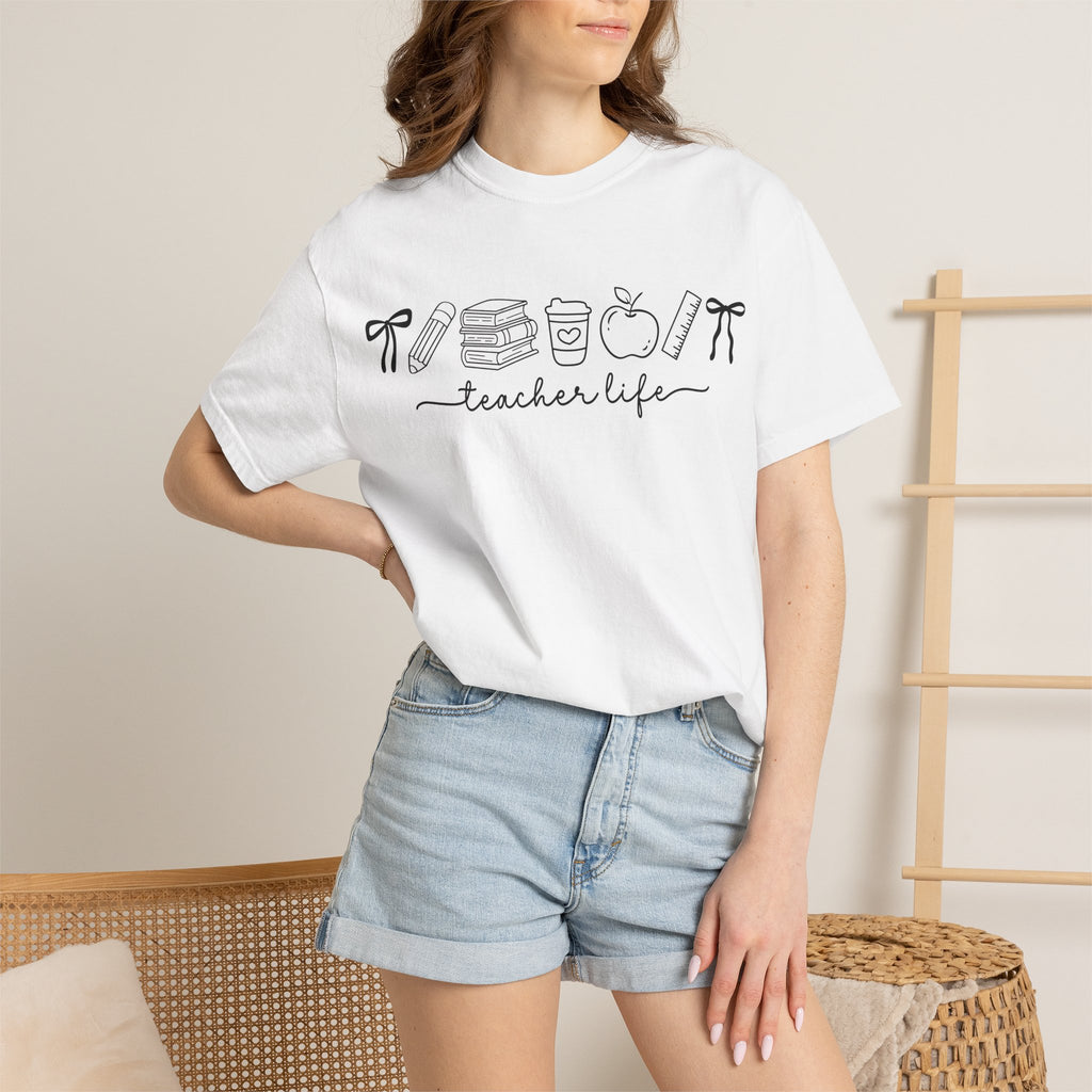 Teacher Life Tee — Minimalist Apple, Books & Coffee Graphic T-Shirt