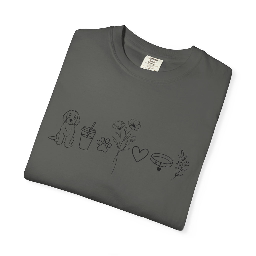 Minimal Doodle and Floral Icons T-Shirt — Coffee, Plants & Dog Line Art Tee