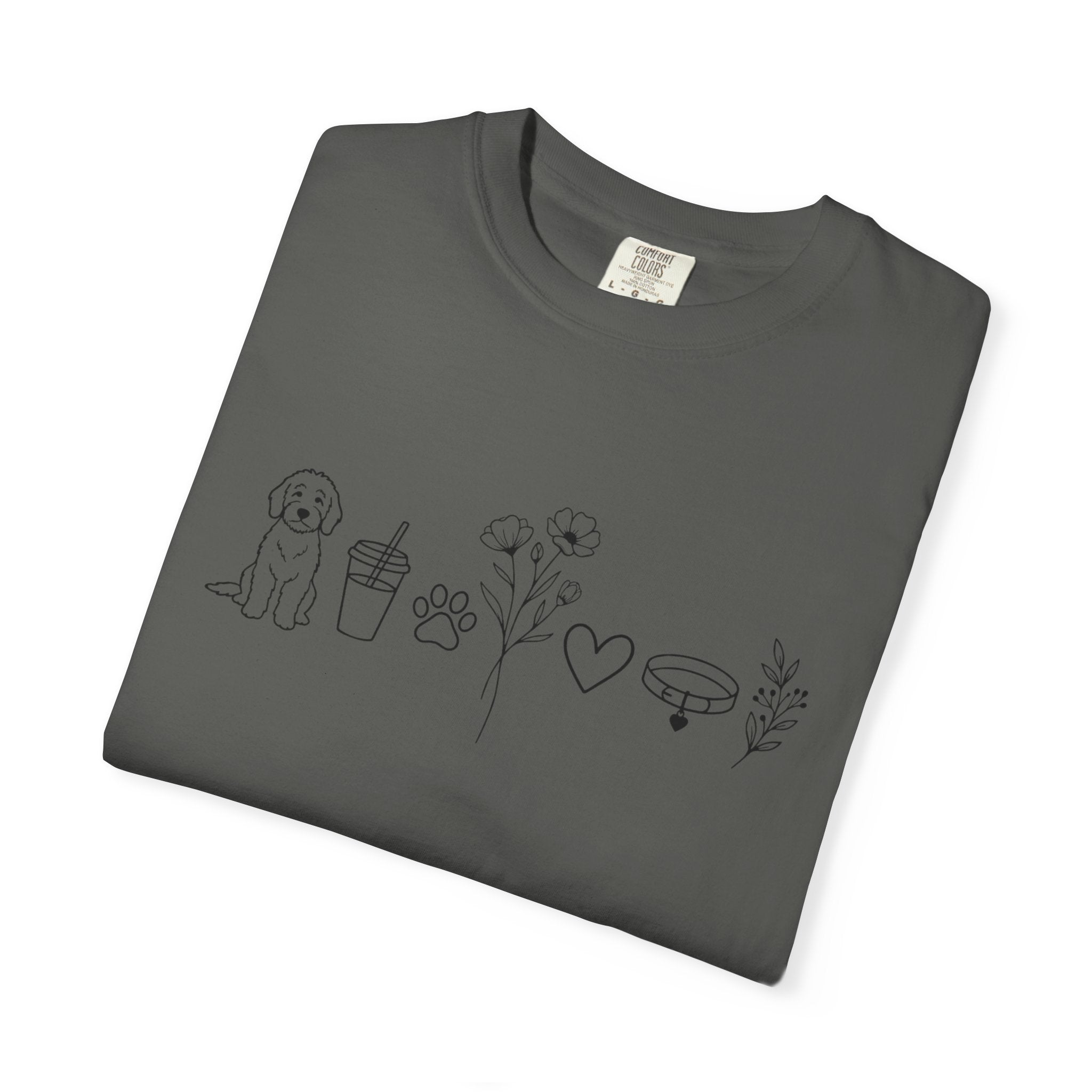 Minimal Doodle and Floral Icons T-Shirt — Coffee, Plants & Dog Line Art Tee