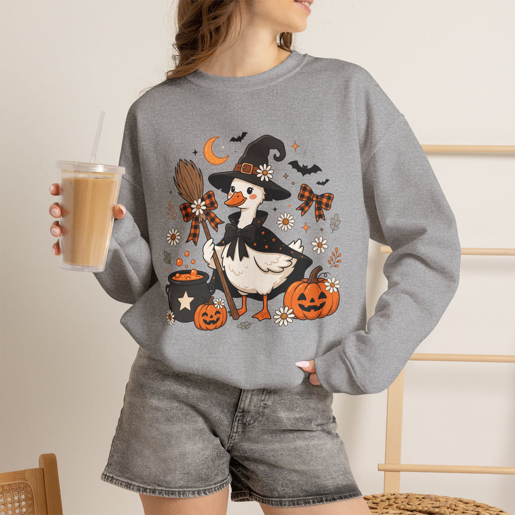 Halloween Duck Witch Crewneck Sweatshirt — Cute Pumpkin & Cauldron Graphic