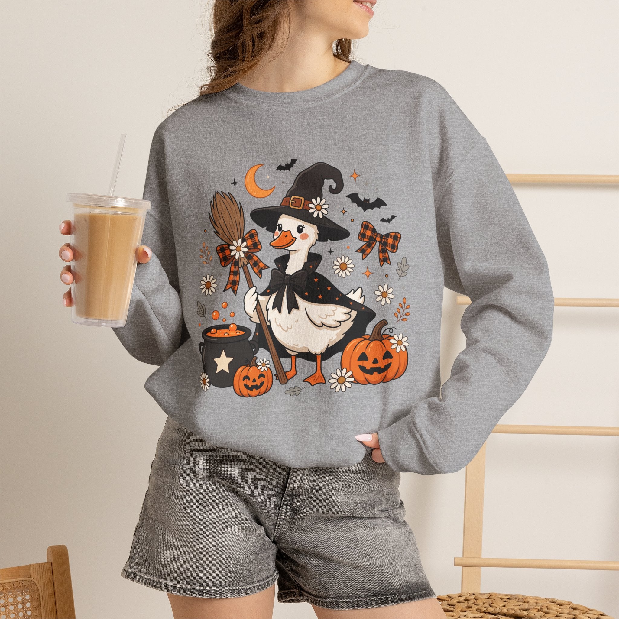 Halloween Duck Witch Crewneck Sweatshirt — Cute Pumpkin & Cauldron Graphic