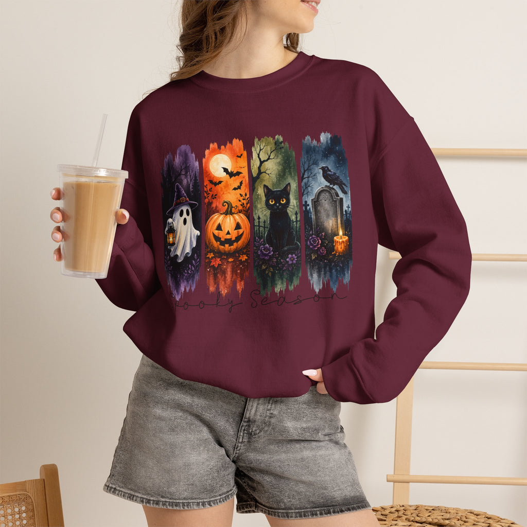 Halloween Seasons Crewneck Sweatshirt — Spooky Ghost, Jack-o'-Lantern & Haunted Night Design