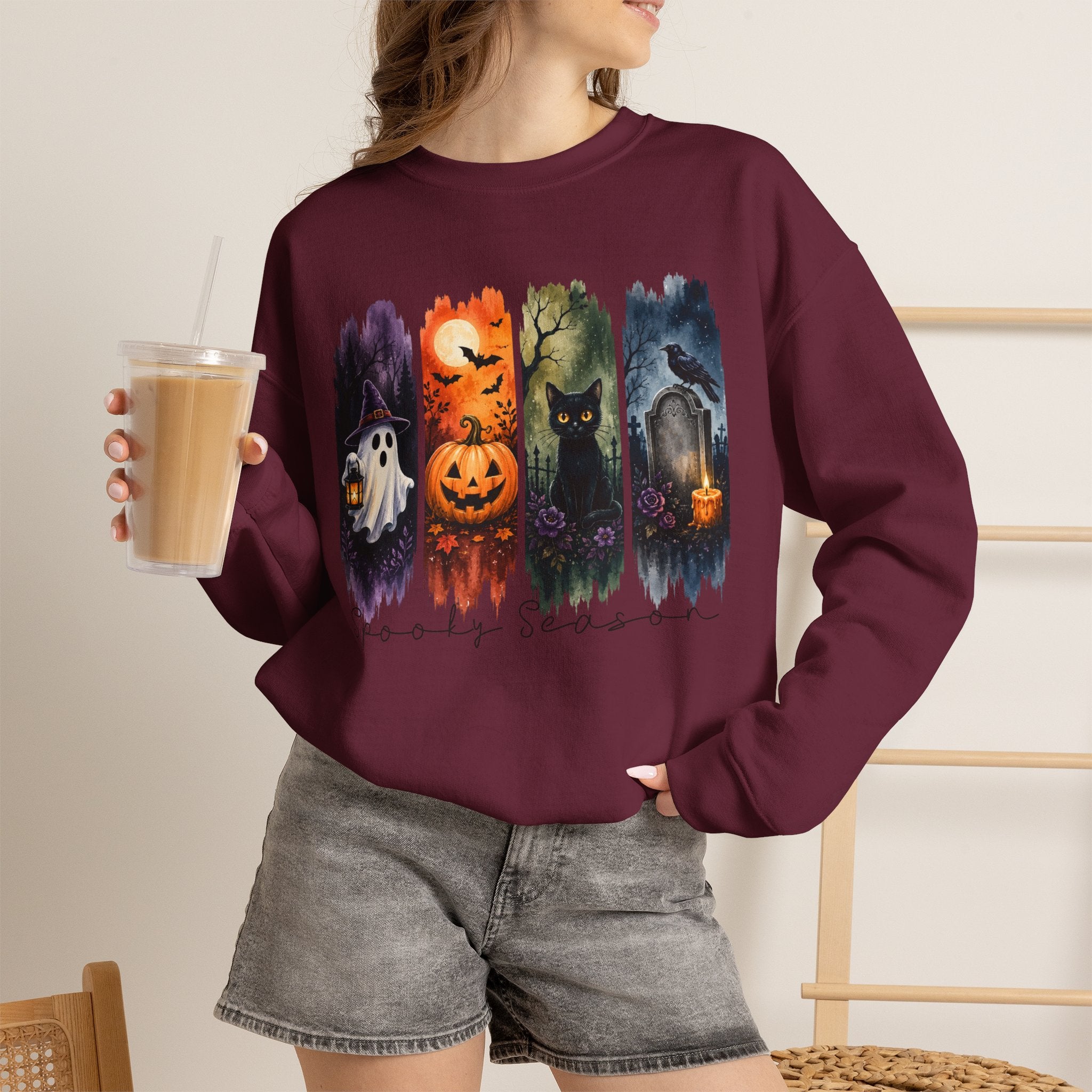 Halloween Seasons Crewneck Sweatshirt — Spooky Ghost, Jack-o'-Lantern & Haunted Night Design