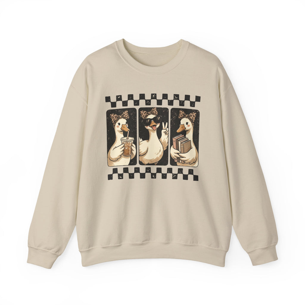 Duck Trio Crewneck Sweatshirt — Vintage Checkered Retro Goose Illustration