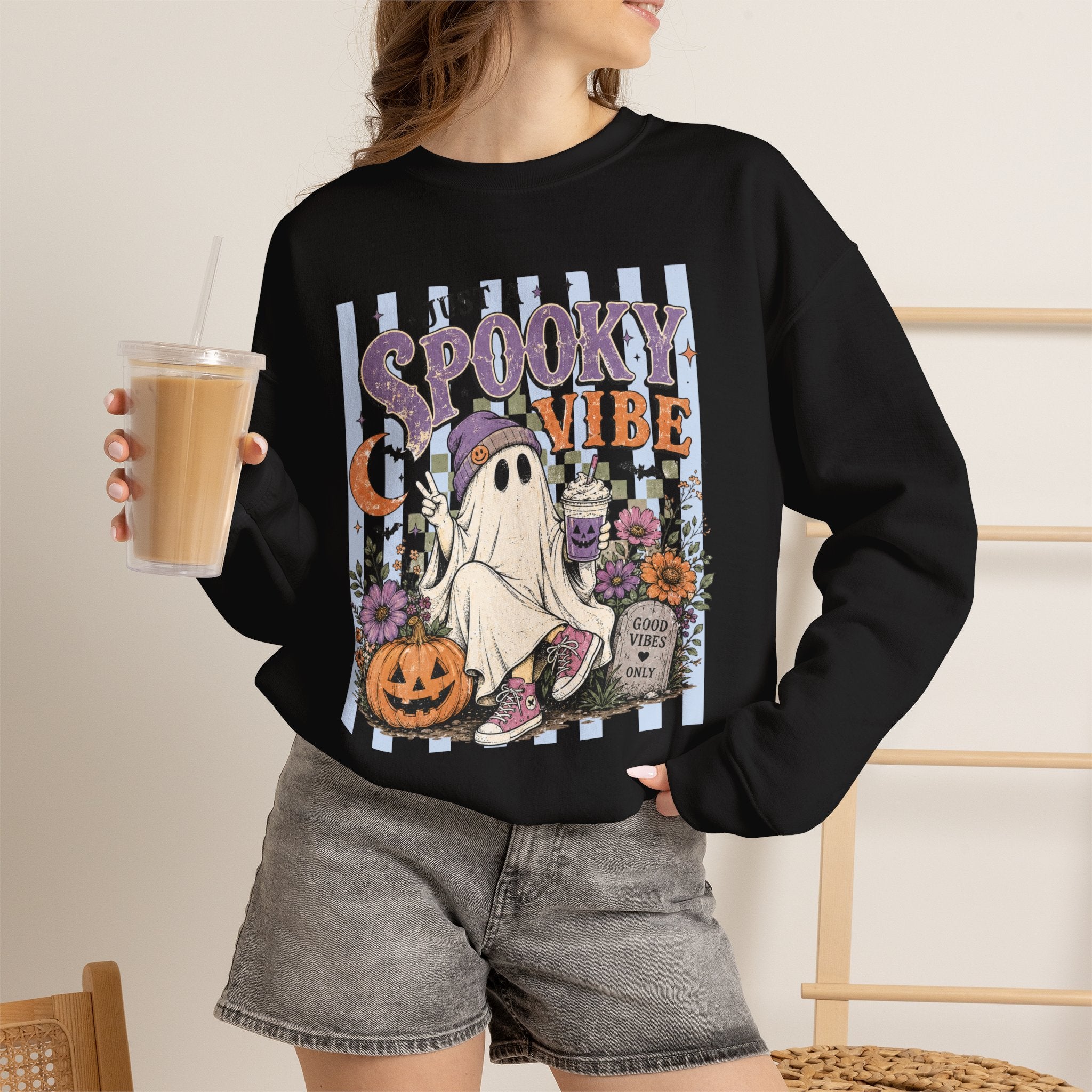 Spooky Vibe Crewneck Sweatshirt — Cute Halloween Ghost Pumpkin Graphic