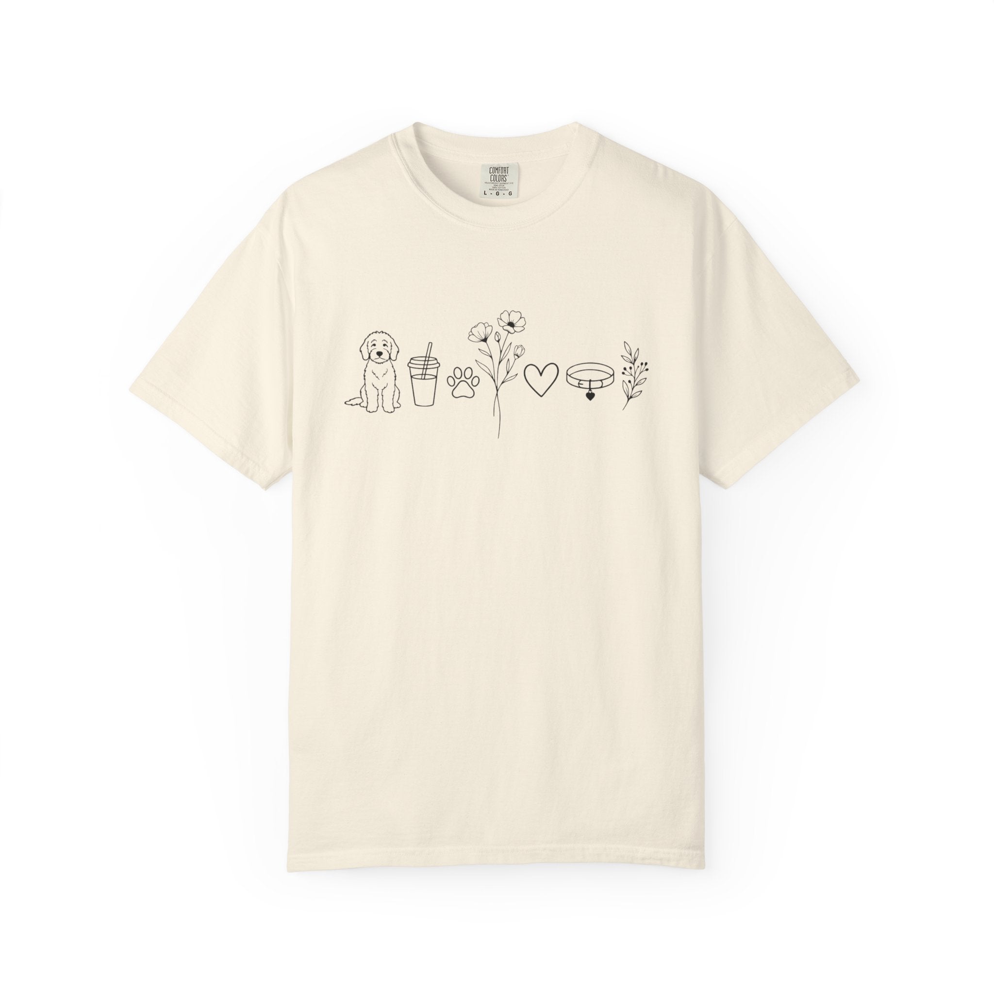 Minimal Doodle and Floral Icons T-Shirt — Coffee, Plants & Dog Line Art Tee