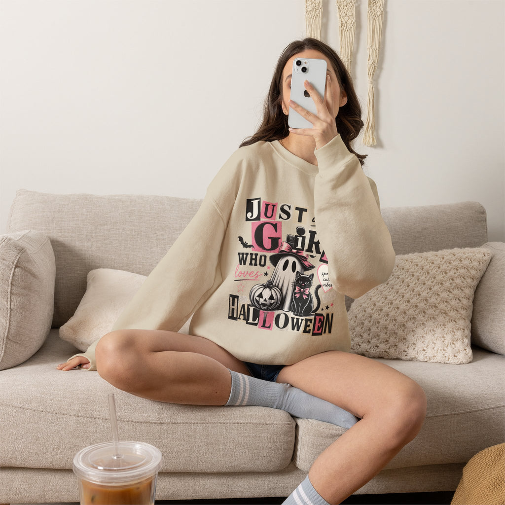 Halloween Sweatshirt — "Just a Girl Who Loves Halloween" Cute Ghost & Pumpkin Crewneck