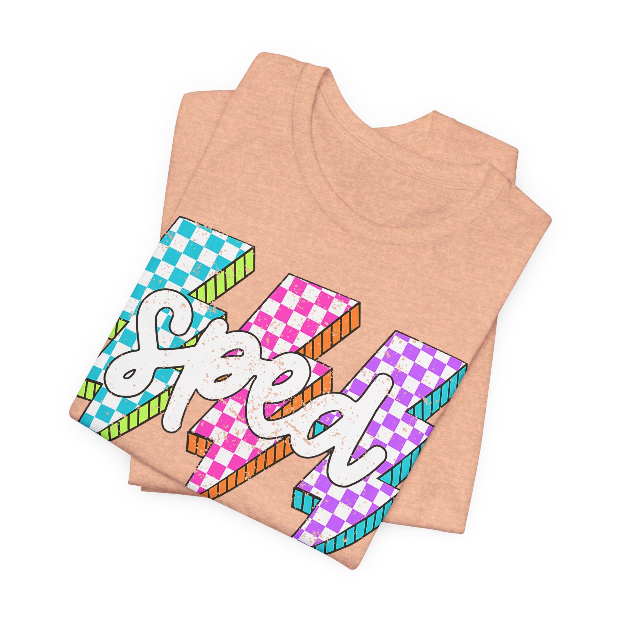 Speed Lightning Tee — Retro Checkerboard Bolt Graphic T-Shirt