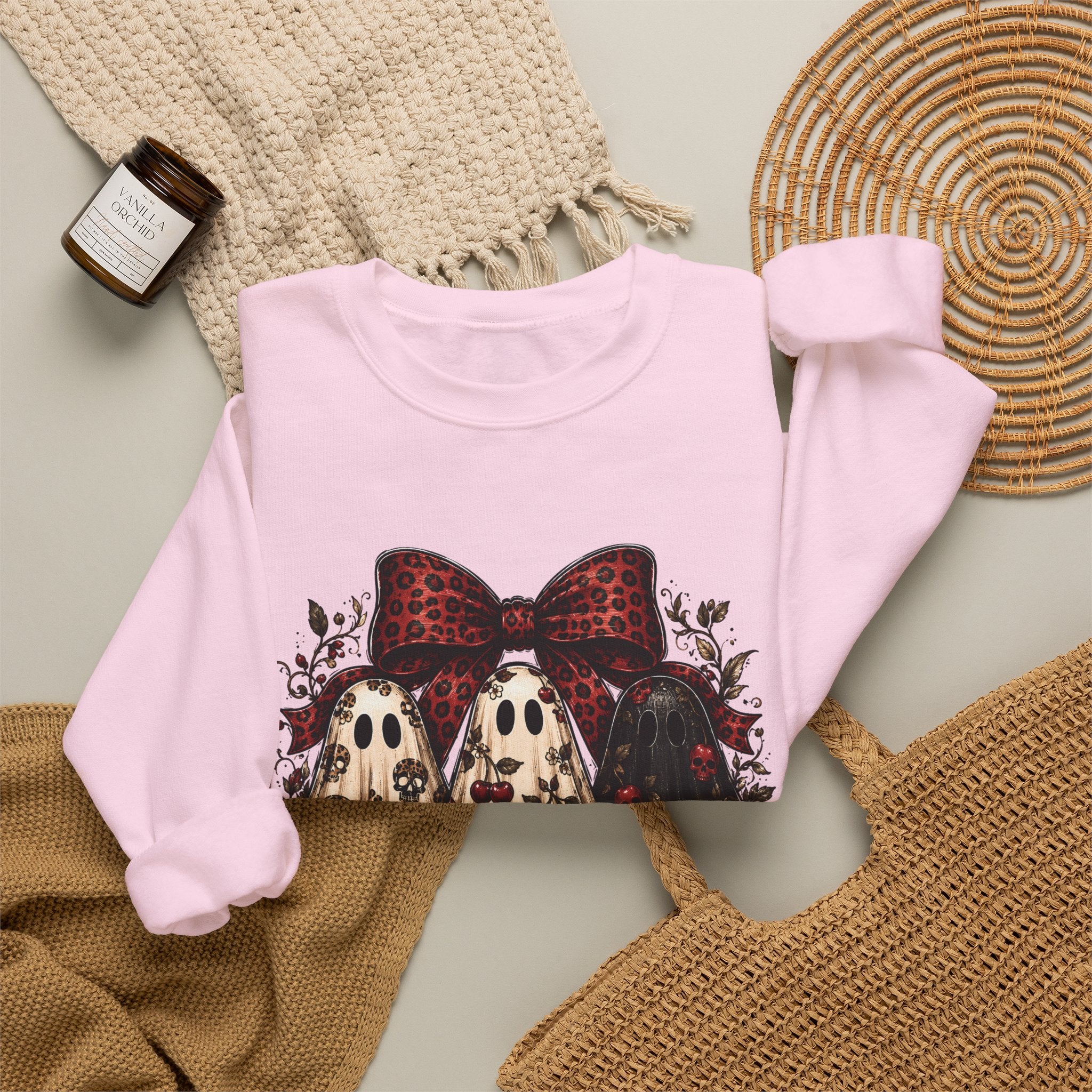 Ghost Trio Floral Crewneck Sweatshirt – Leopard Bow Halloween Pullover