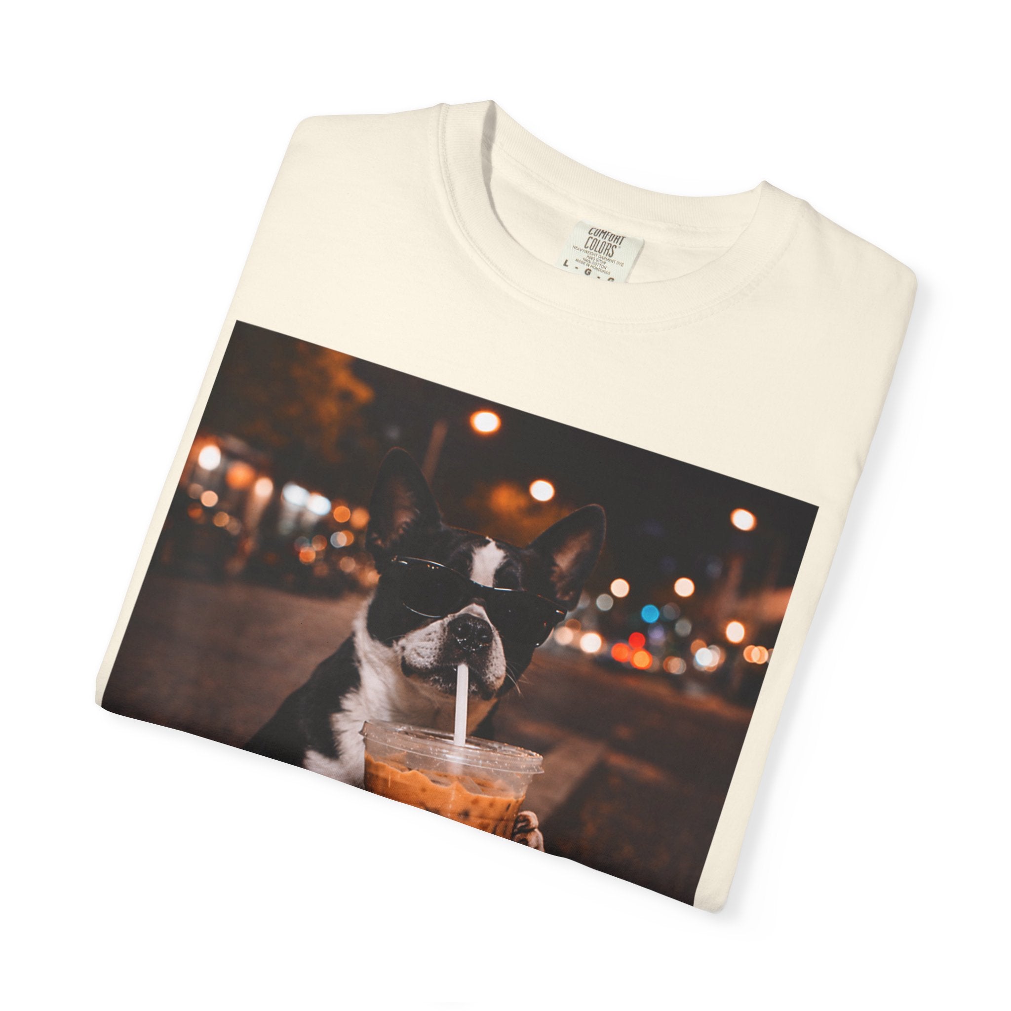 Boston Terrier Sipping Iced Coffee T-Shirt — Cute Dog Photo Tee