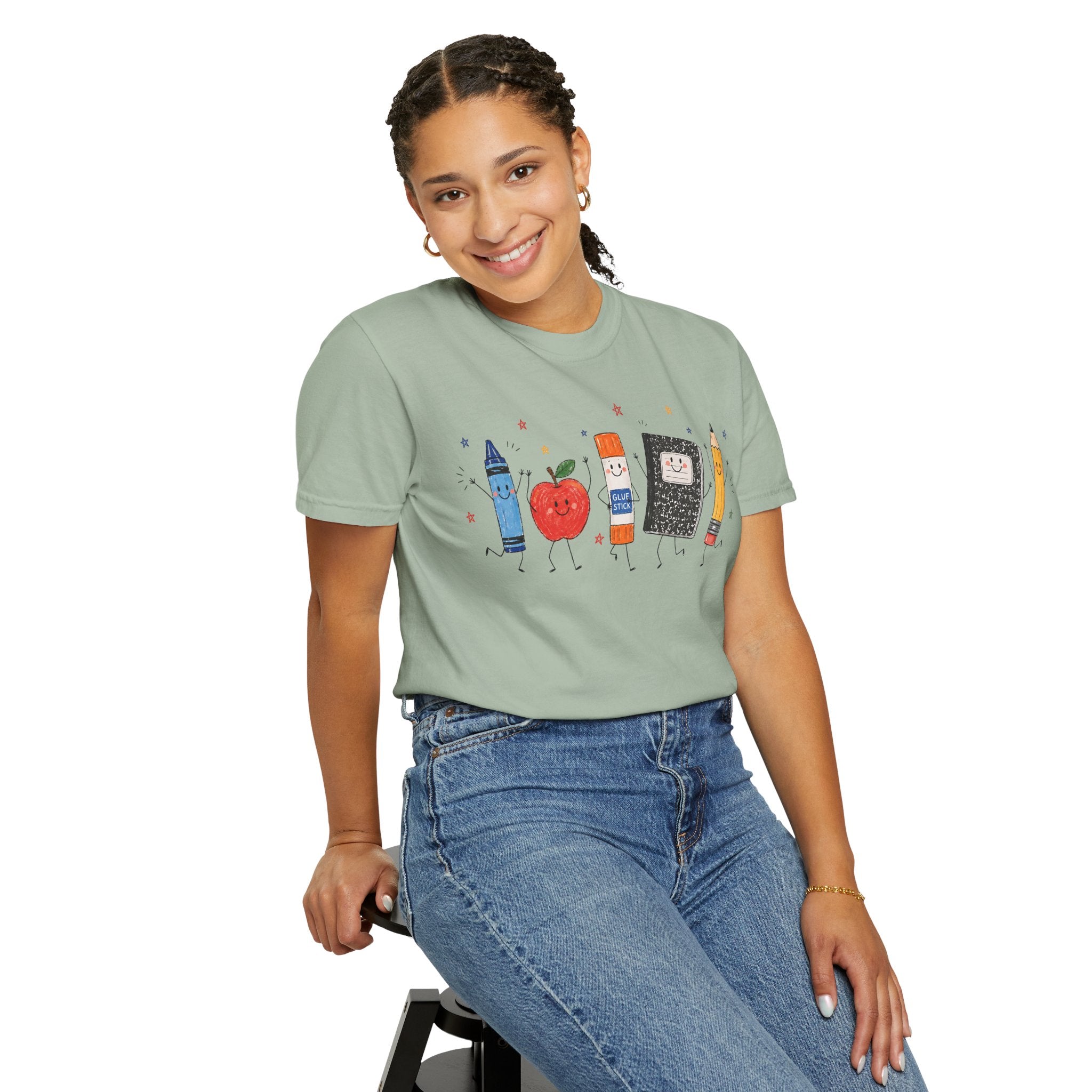 Cute School Supplies Teacher T-Shirt — Happy Apple, Crayon & Pencil Graphic Tee