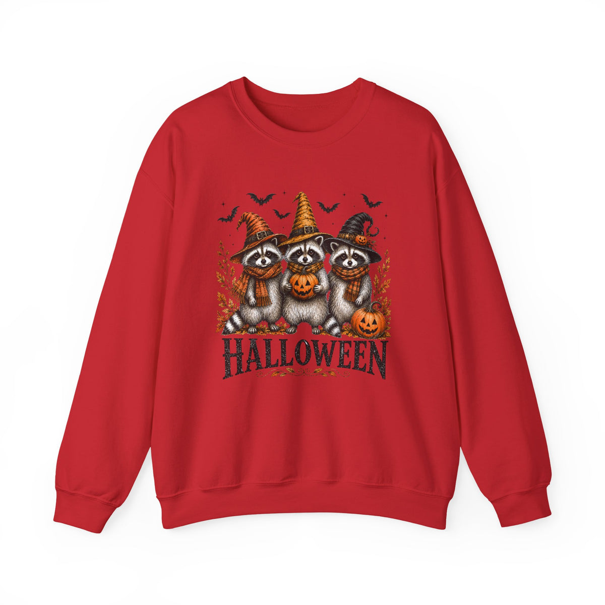 Halloween Raccoon Crewneck Sweatshirt — Cute Witch Hats & Pumpkin Design