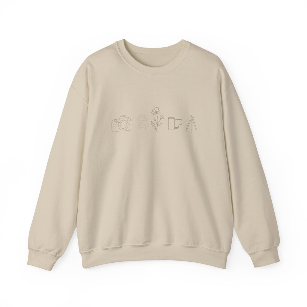 Photography Icons Crewneck Sweatshirt — Minimal Camera, Lens, Film & Tripod Design