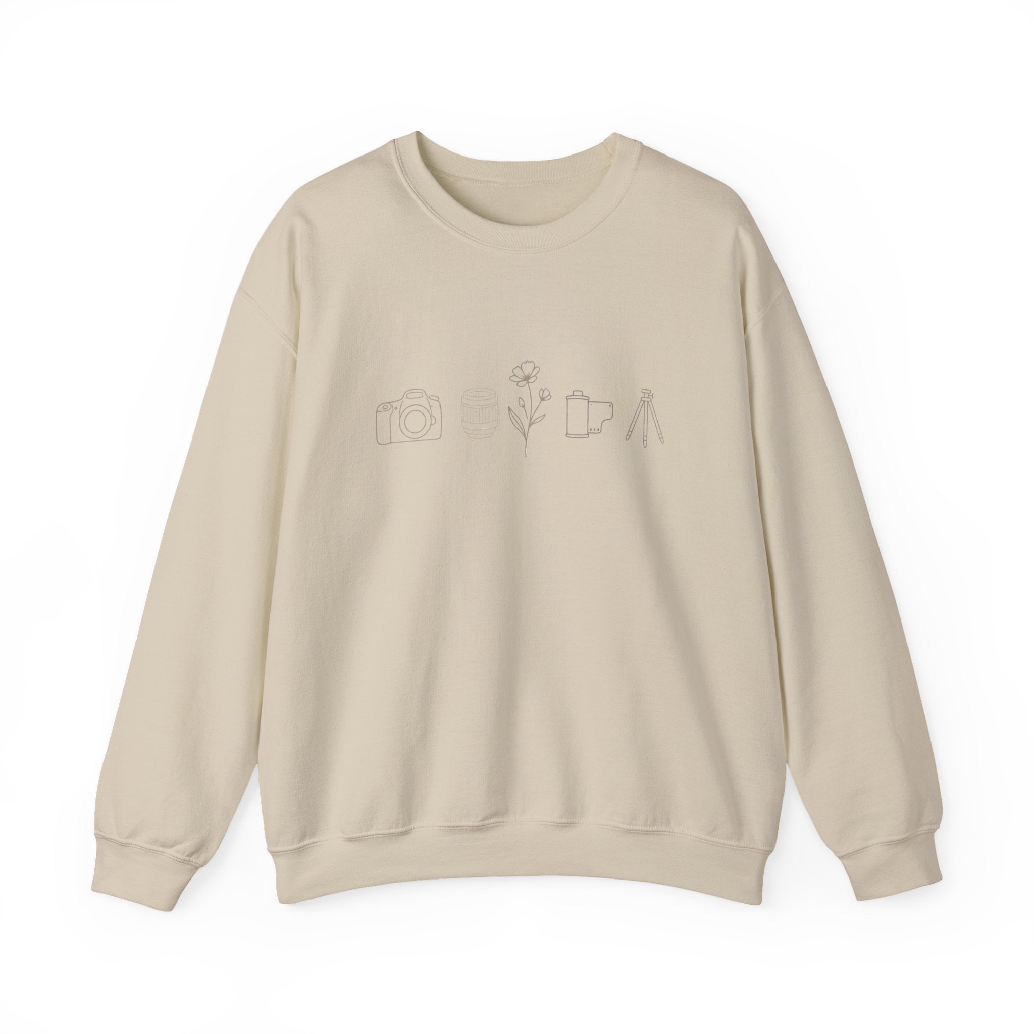 Photography Icons Crewneck Sweatshirt — Minimal Camera, Lens, Film & Tripod Design