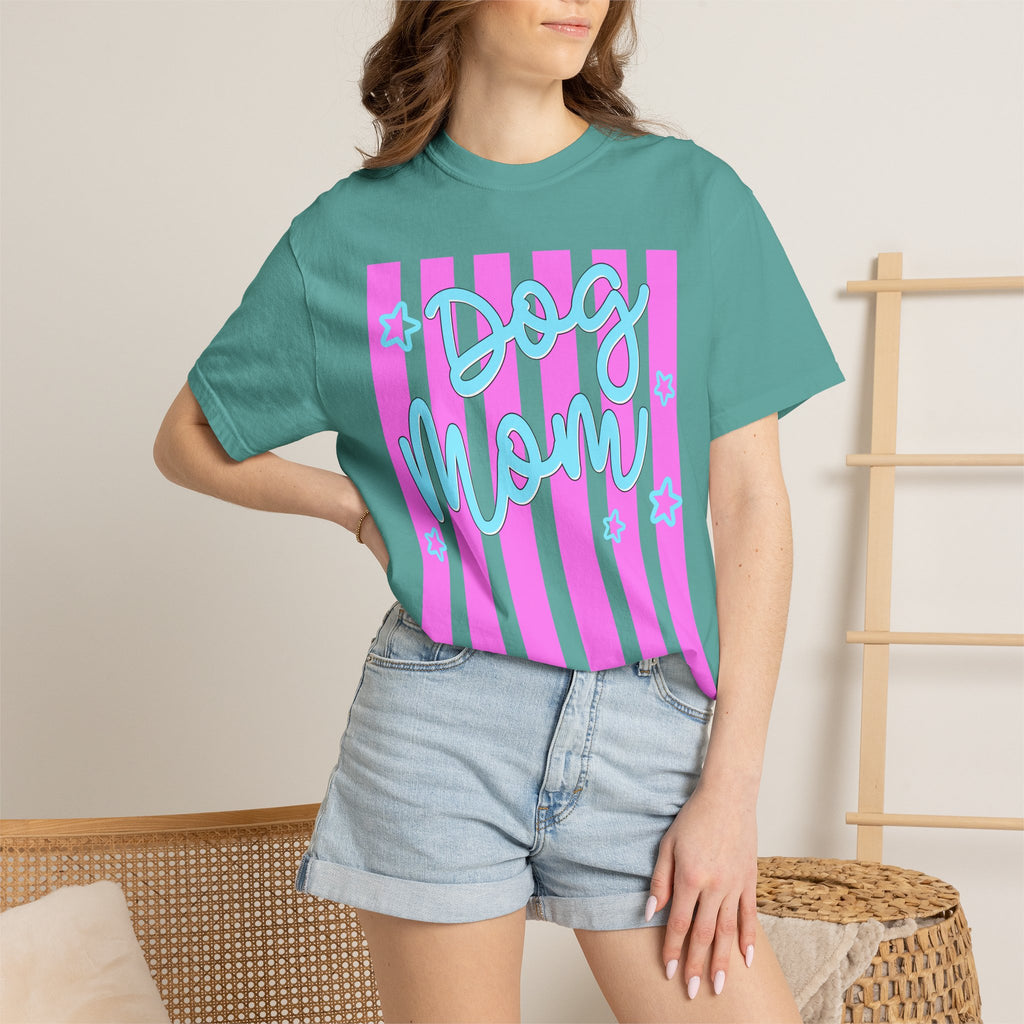 Dog Mom T-Shirt — Pastel Striped Graphic Tee for Pet Lovers
