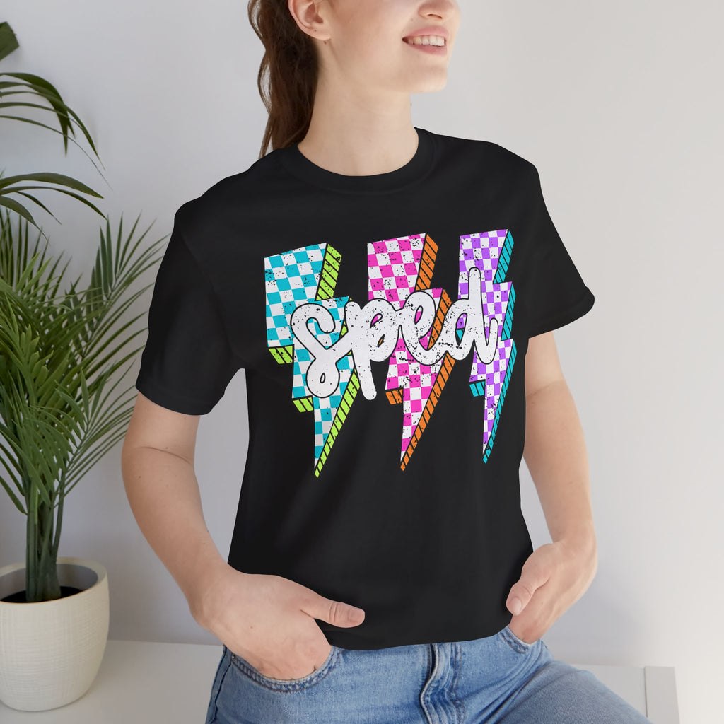 Speed Lightning Tee — Retro Checkerboard Bolt Graphic T-Shirt