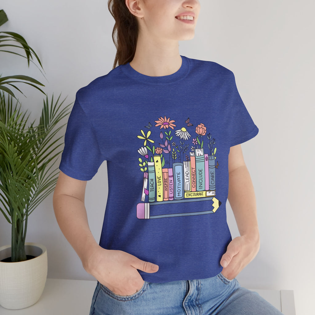 Book Lover T‑Shirt — Teacher Floral Books & Pencil Illustration Tee
