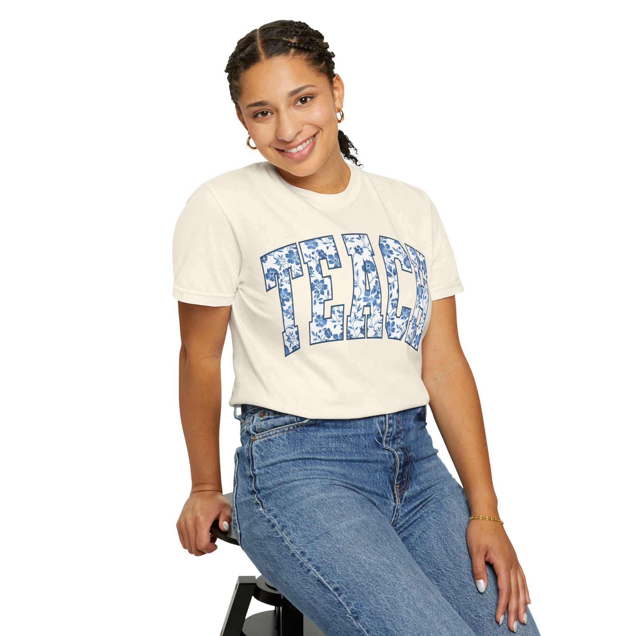 Teacher Floral Arch T-Shirt — 'TEACH' Blue Floral Print Tee